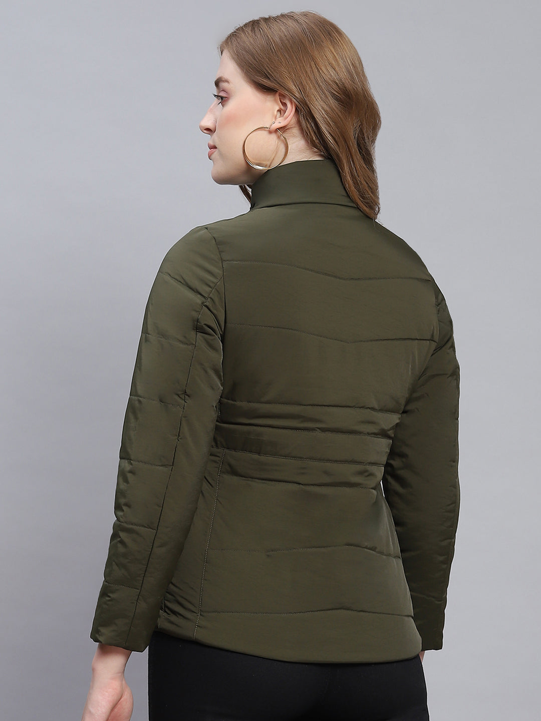 Women Olive Solid Hooded Full Sleeve Jackets