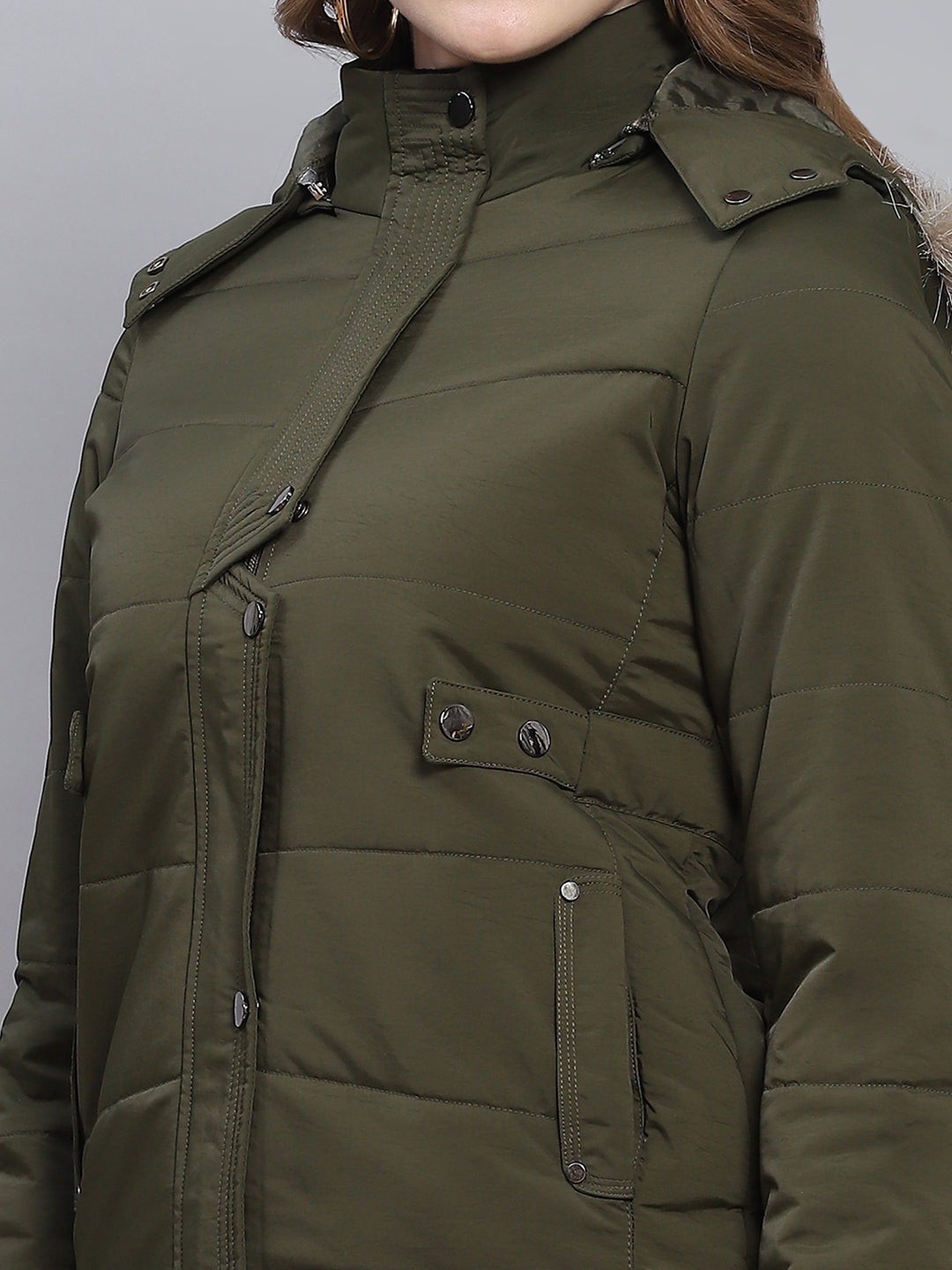Women Olive Solid Hooded Full Sleeve Jackets
