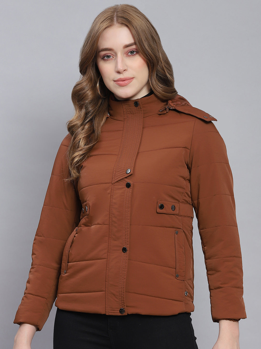 Women Brown Solid Hooded Full Sleeve Jackets