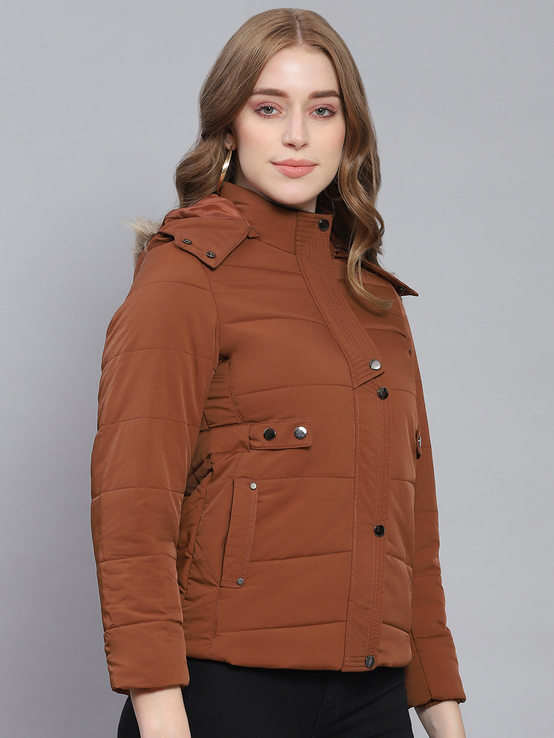 Women Brown Solid Hooded Full Sleeve Jackets