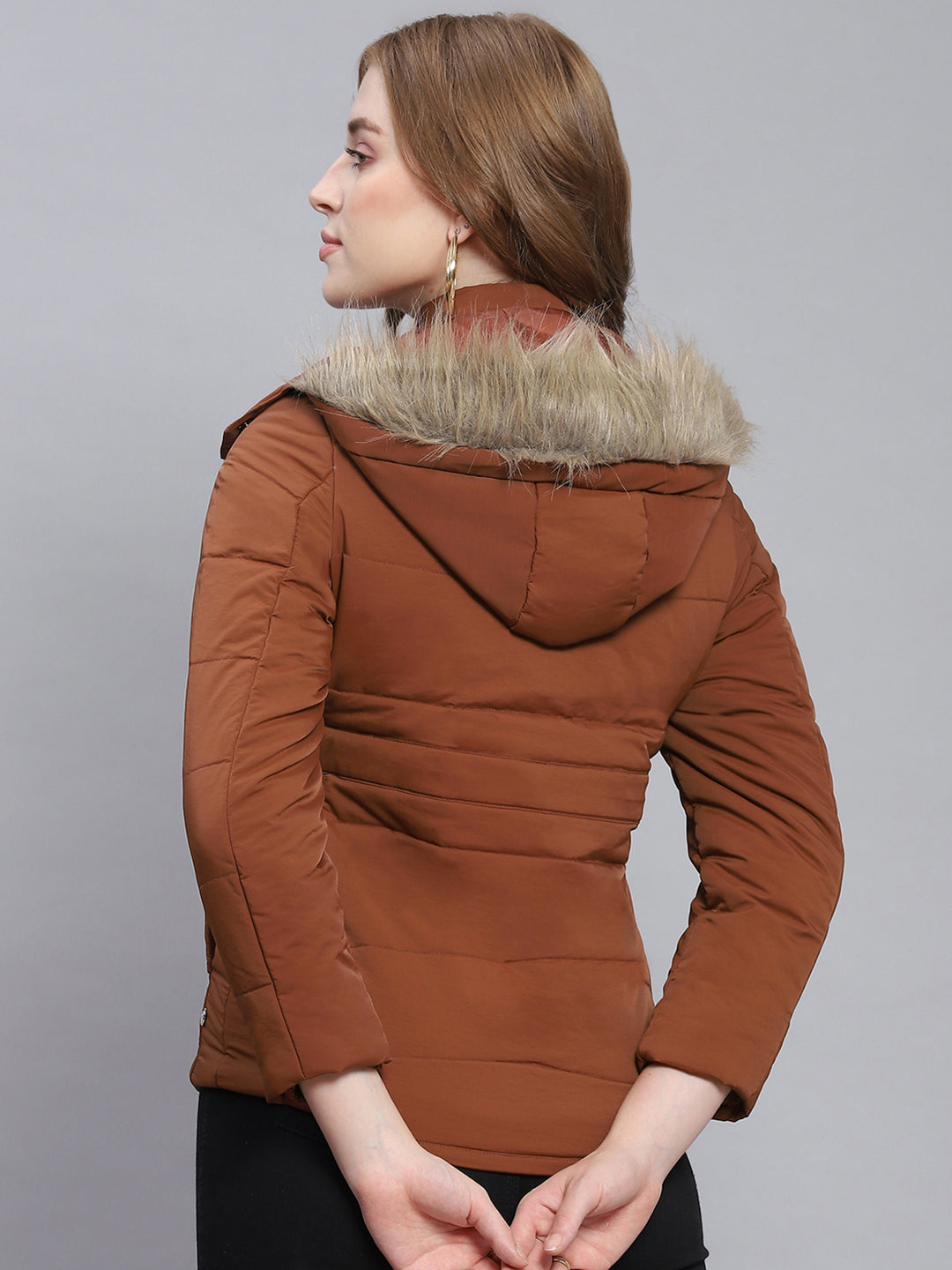 Women Brown Solid Hooded Full Sleeve Jackets