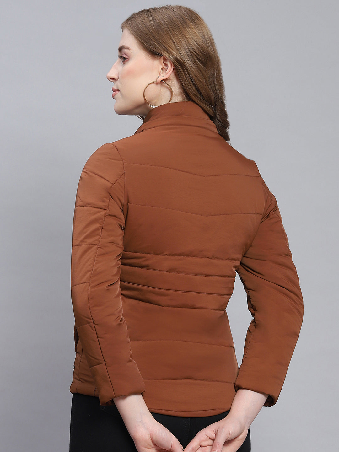 Women Brown Solid Hooded Full Sleeve Jackets