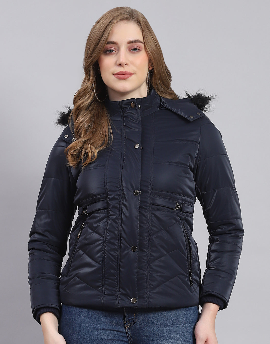 Women Navy Blue Solid Hooded Full Sleeve Jacket