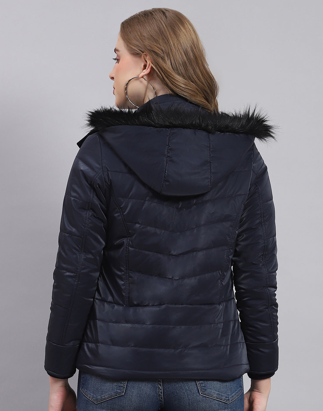 Women Navy Blue Solid Hooded Full Sleeve Jacket