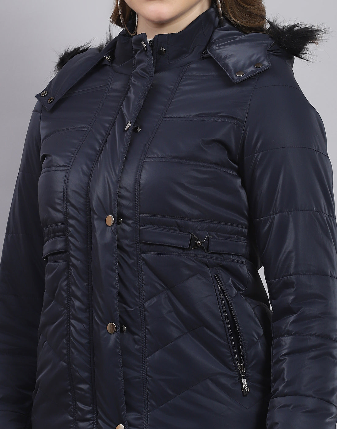 Women Navy Blue Solid Hooded Full Sleeve Jacket