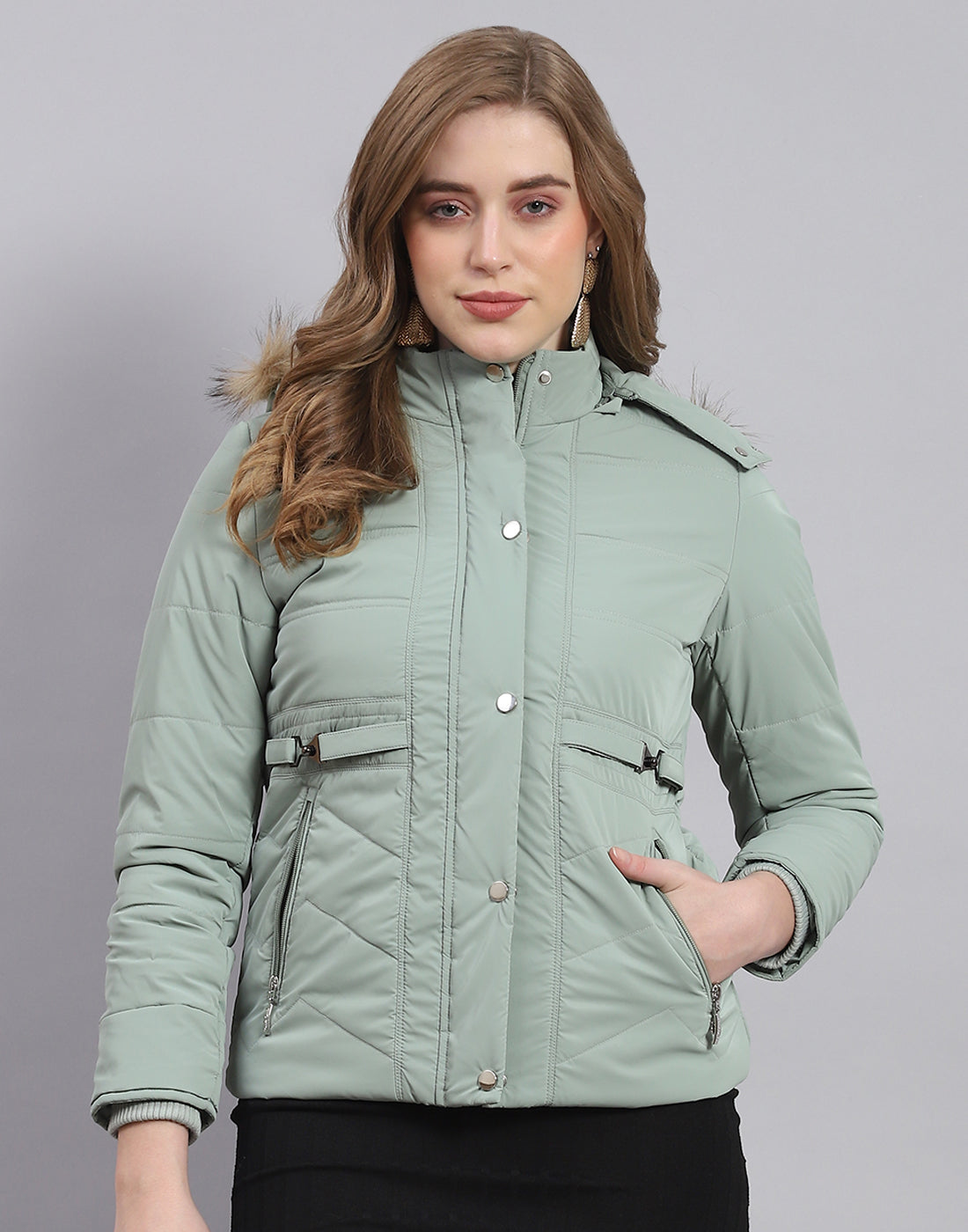 Women Green Solid Hooded Full Sleeve Jacket