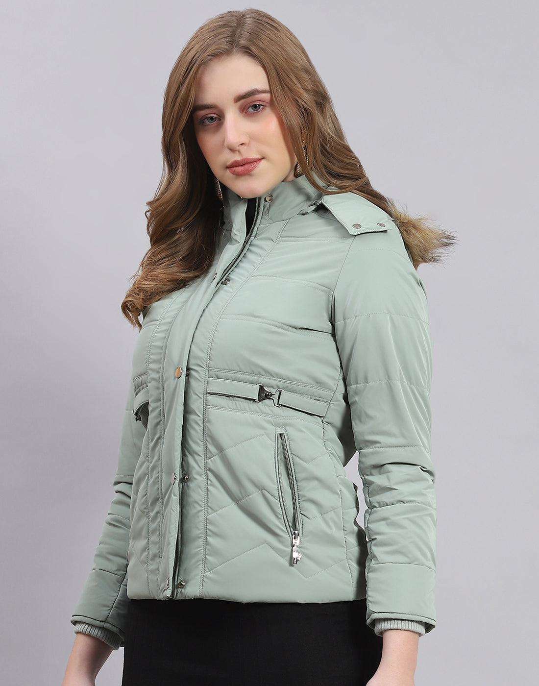 Women Green Solid Hooded Full Sleeve Jacket