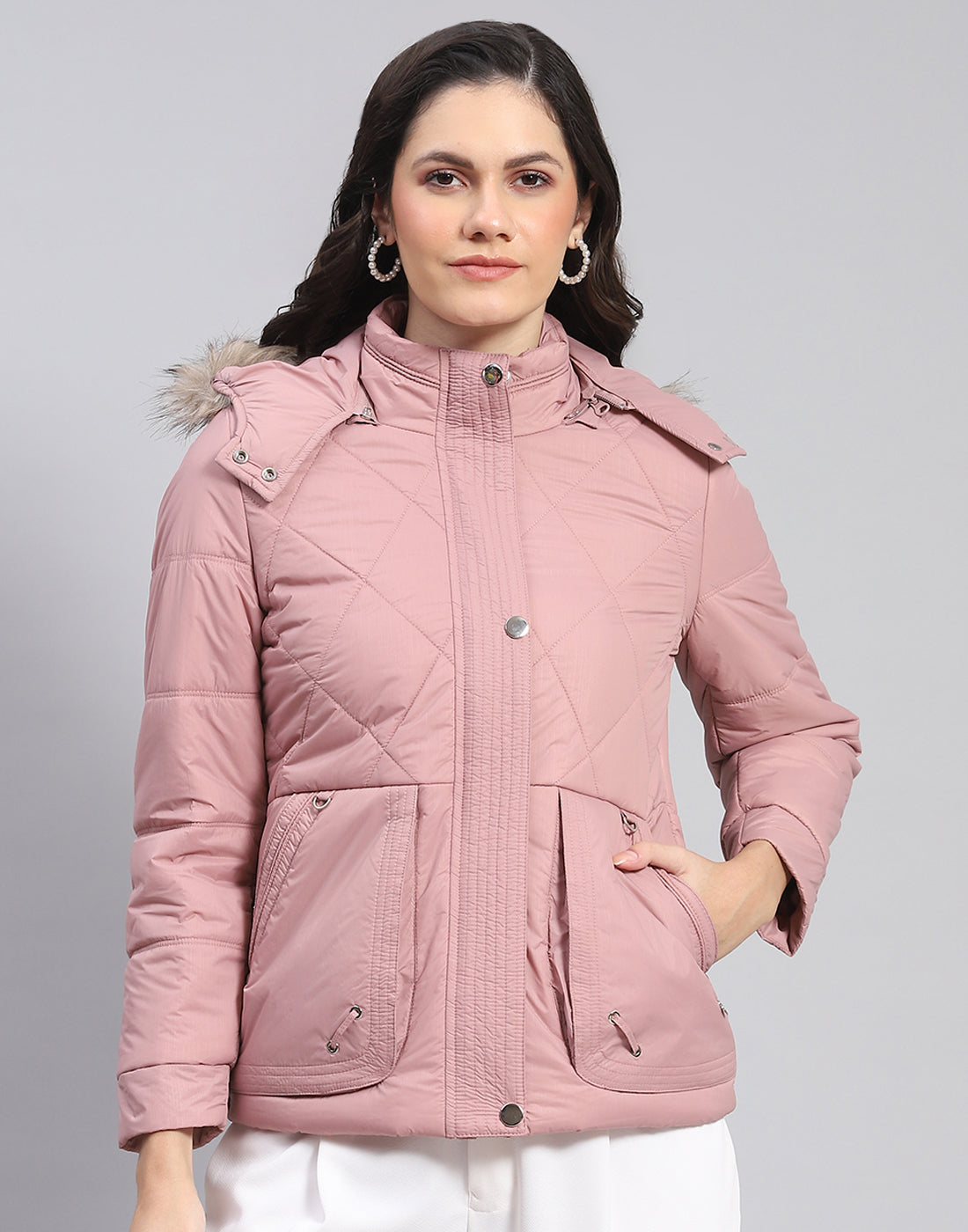 Women Peach Solid Hooded Full Sleeve Jacket