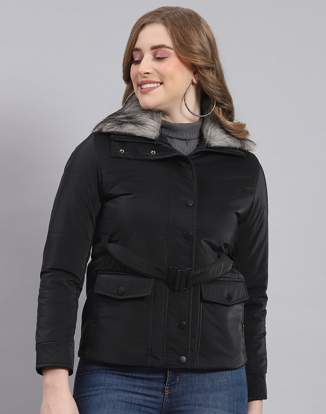 Women Black Solid Stand Collar Full Sleeve Jacket