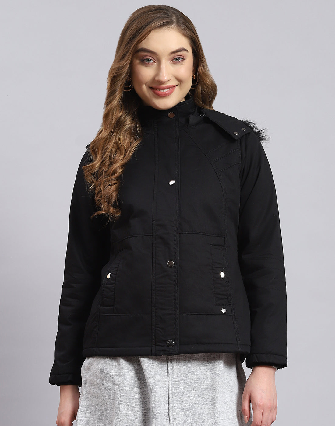 Women Black Solid Hooded Full Sleeve Jacket