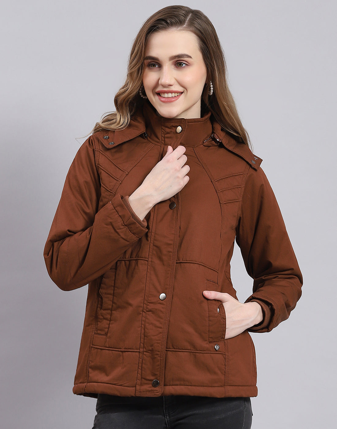Women Brown Solid Hooded Full Sleeve Jacket