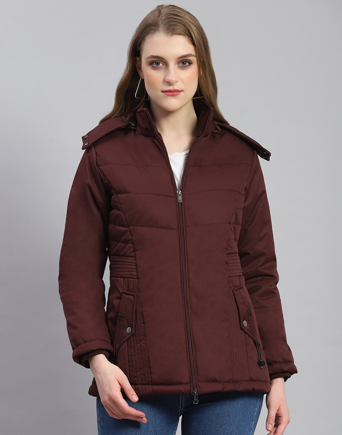 Women Maroon Solid Hooded Full Sleeve Jacket