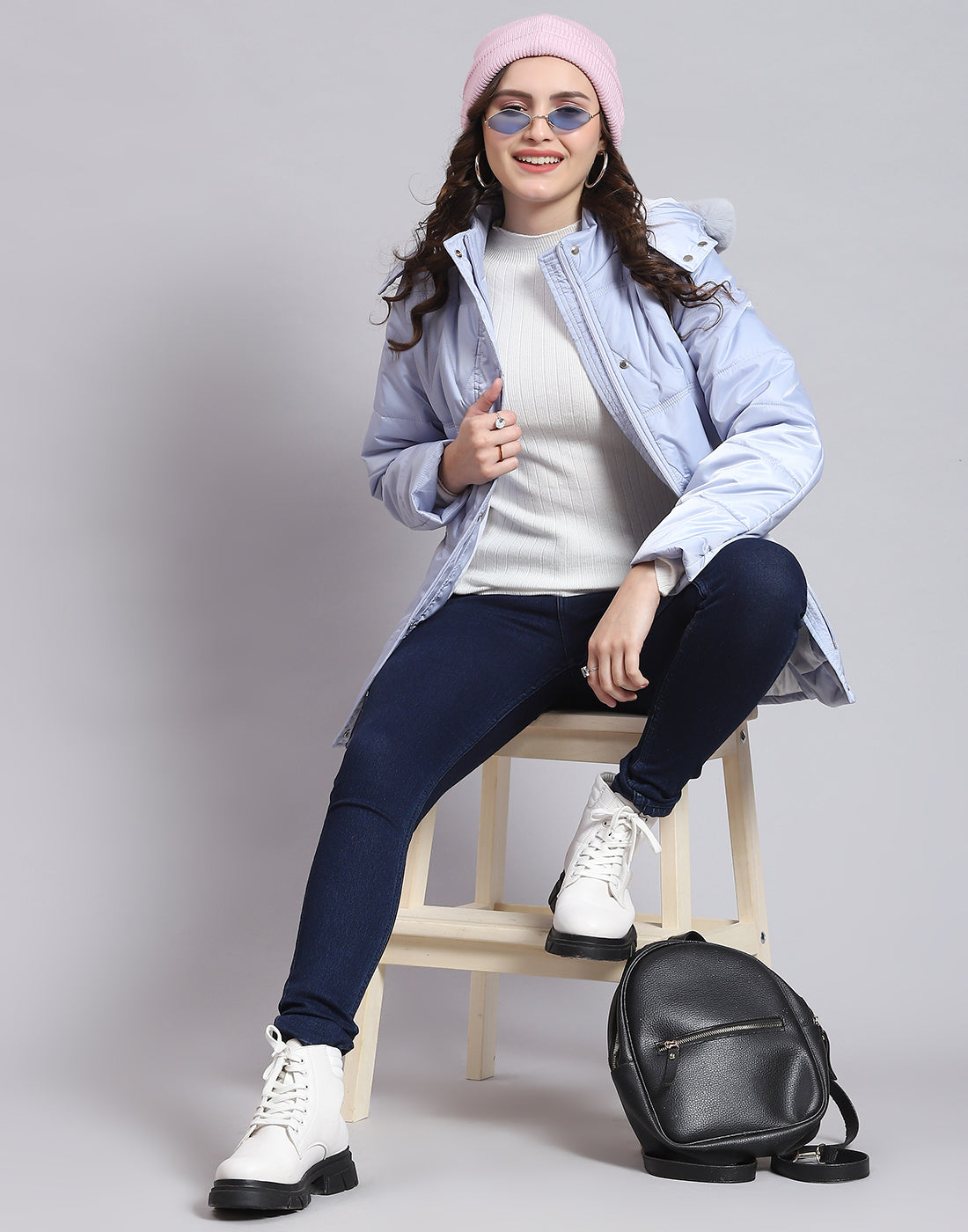 Women Blue Solid Hooded Full Sleeve Jacket