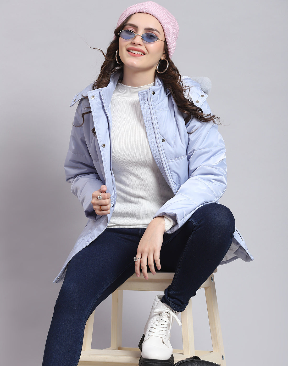 Women Blue Solid Hooded Full Sleeve Jacket