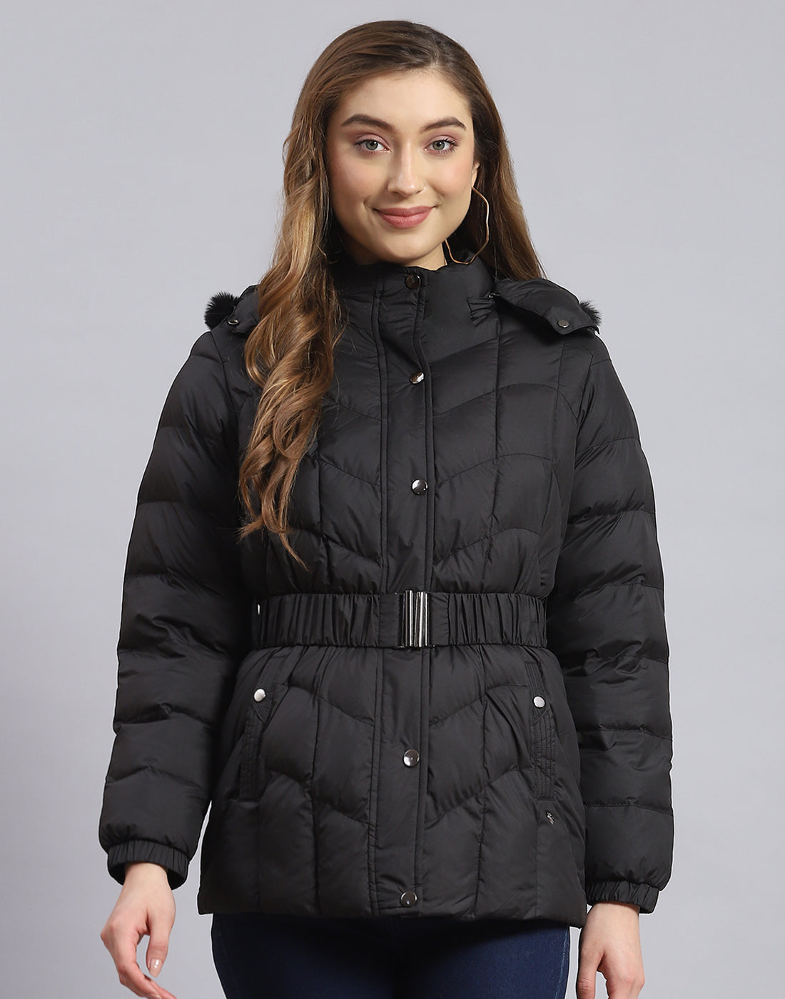 Women Black Solid Hooded Full Sleeve Jacket