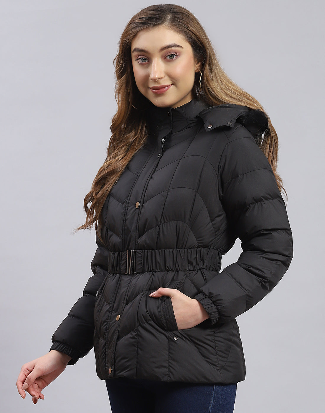 Women Black Solid Hooded Full Sleeve Jacket