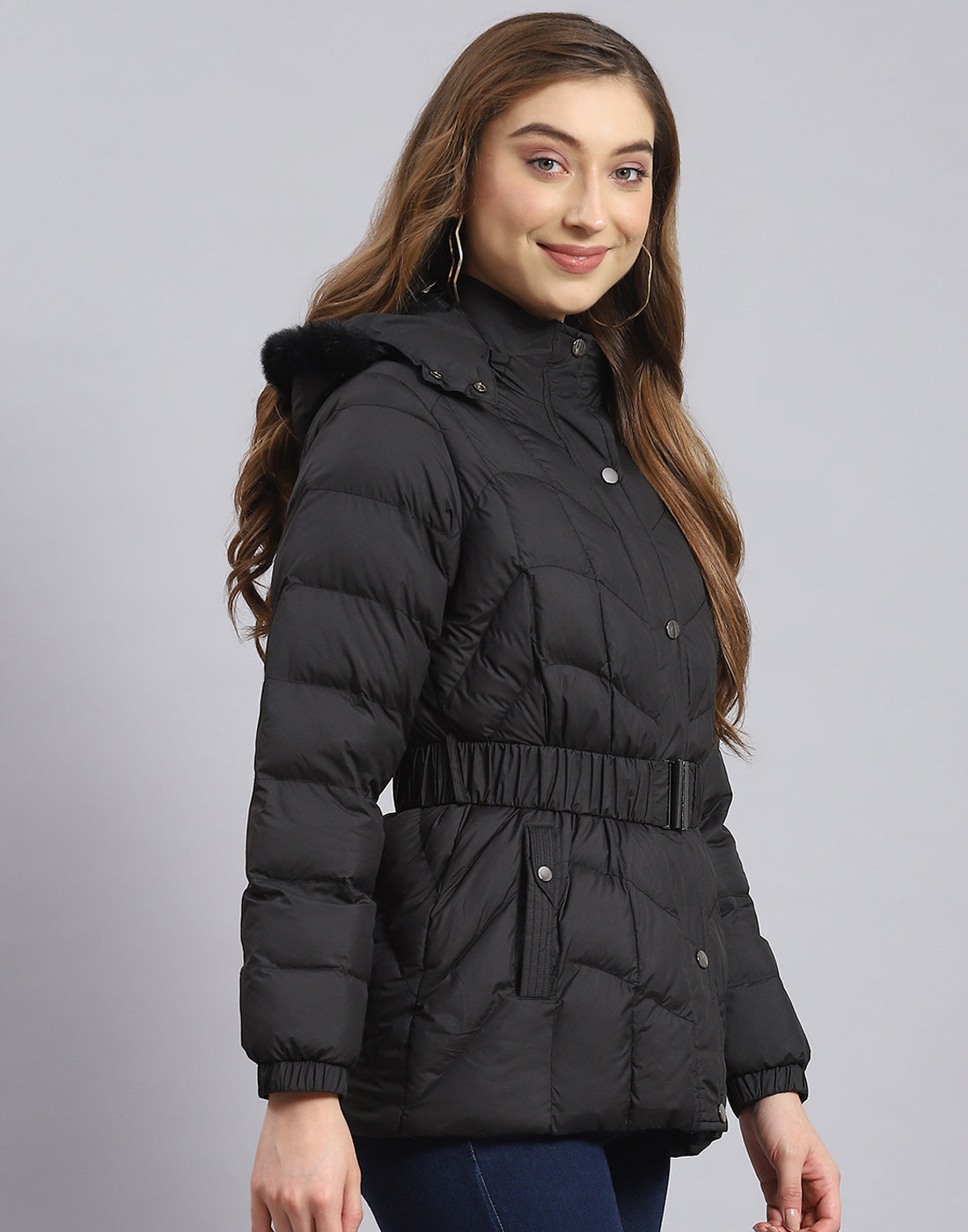 Women Black Solid Hooded Full Sleeve Jacket