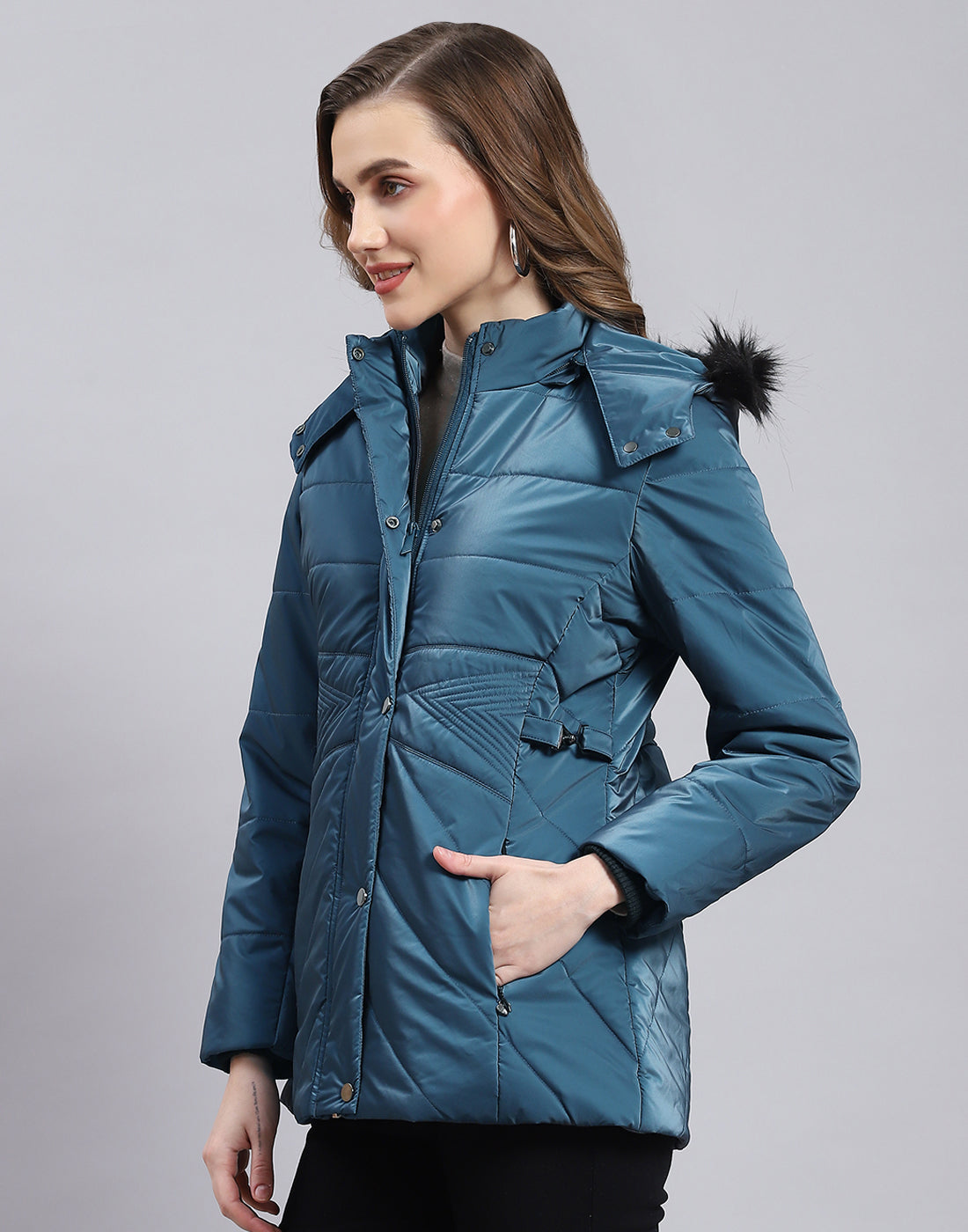 Women Teal Blue Solid Hooded Full Sleeve Jacket
