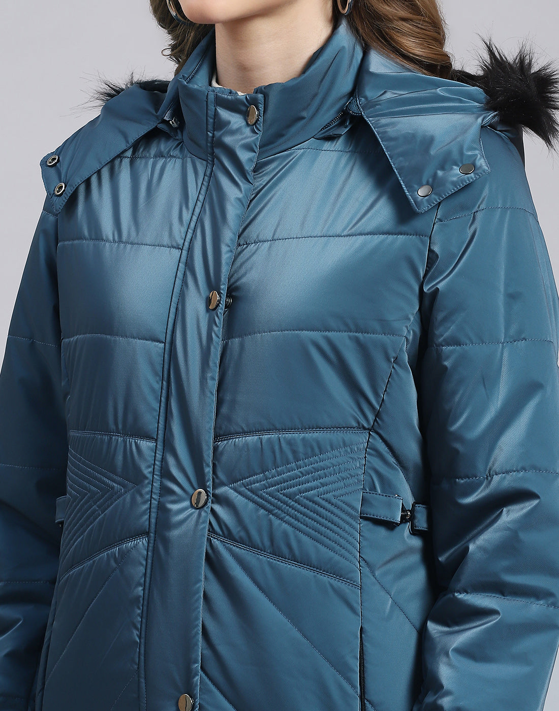 Women Teal Blue Solid Hooded Full Sleeve Jacket