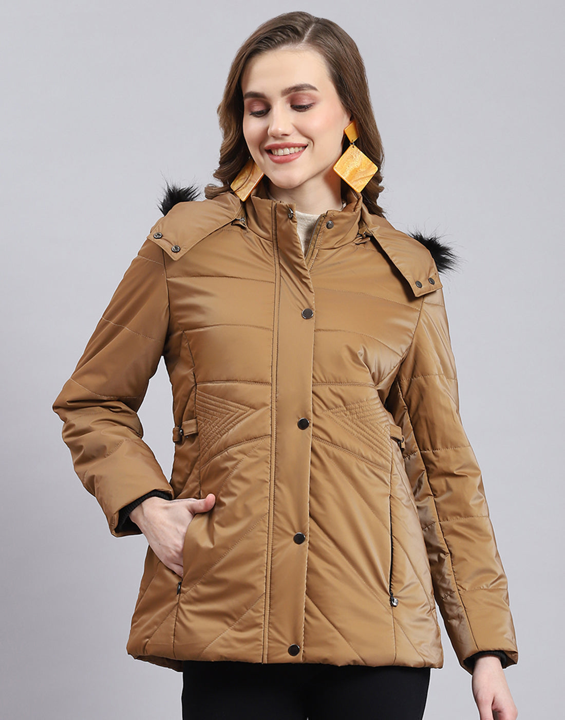 Women Brown Solid Hooded Full Sleeve Jacket