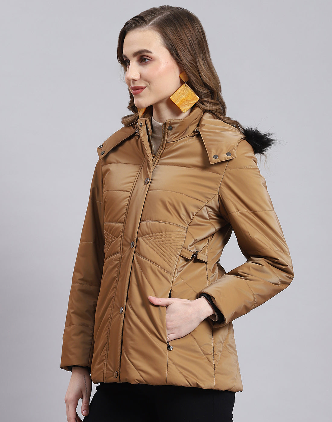 Women Brown Solid Hooded Full Sleeve Jacket