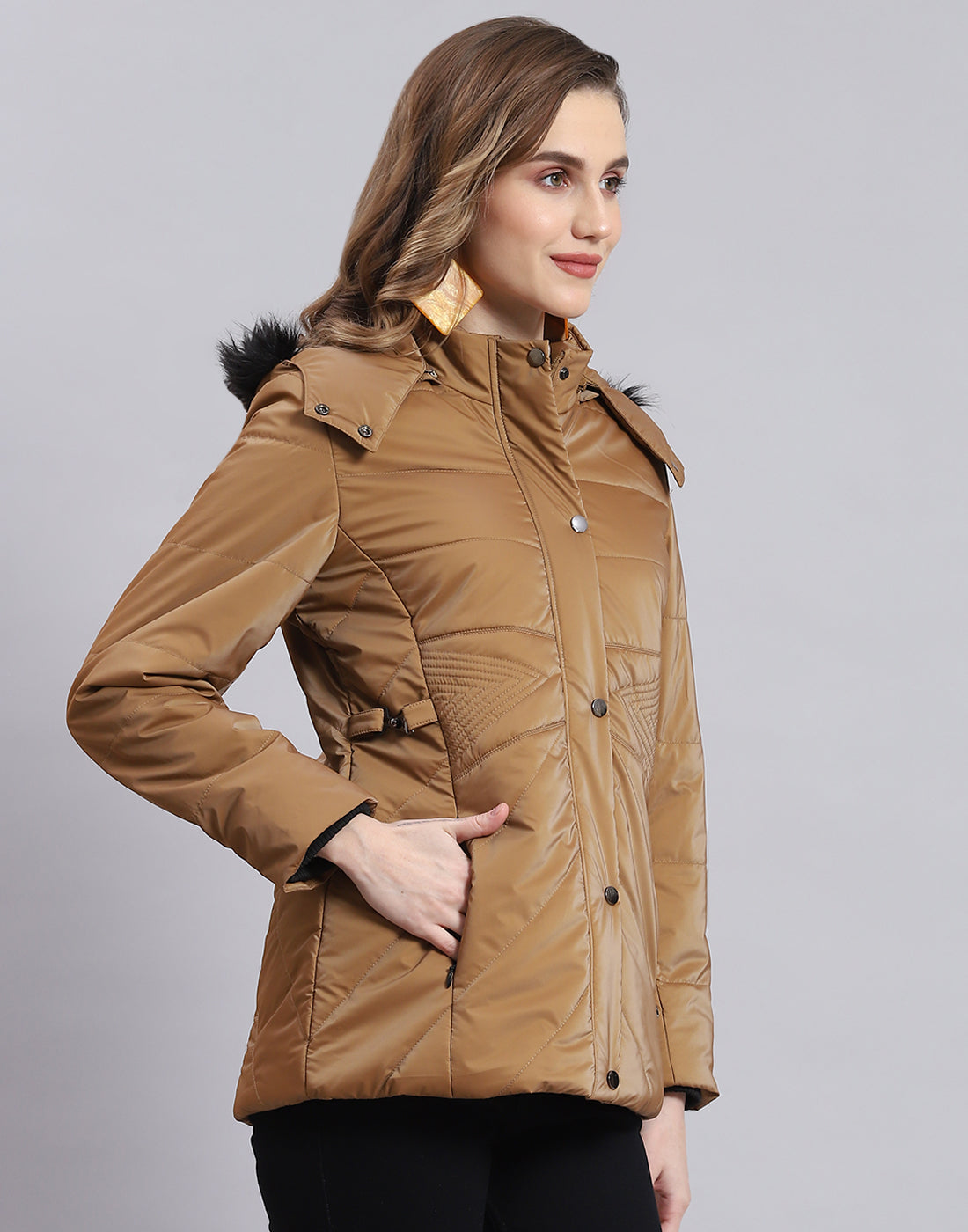 Women Brown Solid Hooded Full Sleeve Jacket