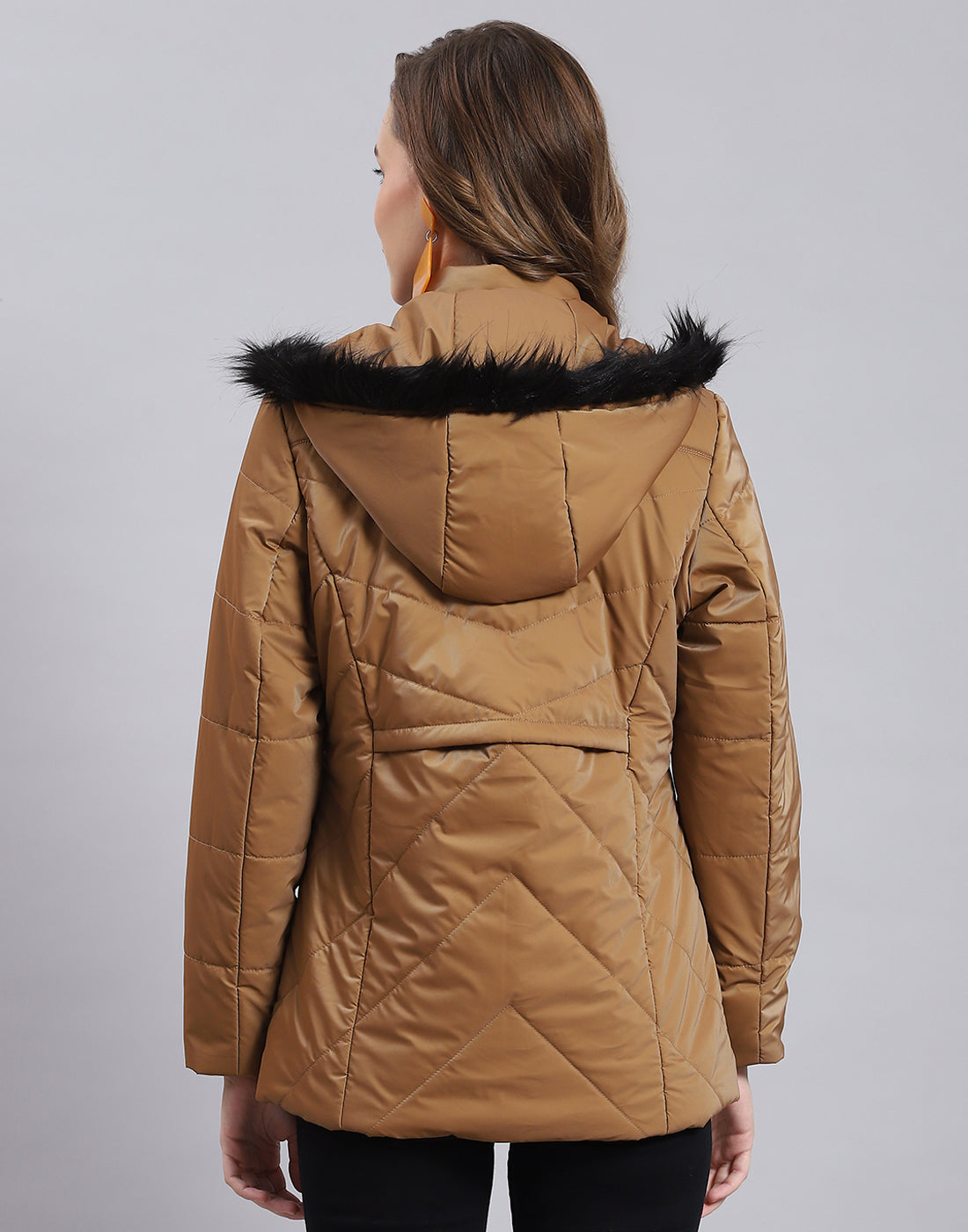 Women Brown Solid Hooded Full Sleeve Jacket