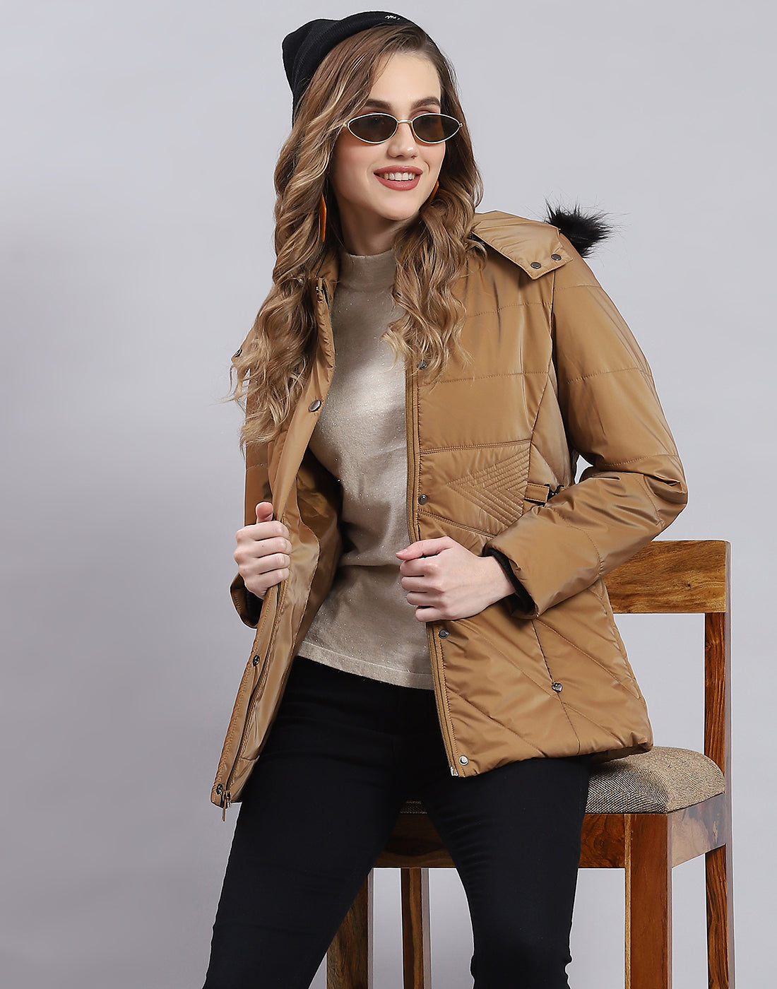 Women Brown Solid Hooded Full Sleeve Jacket