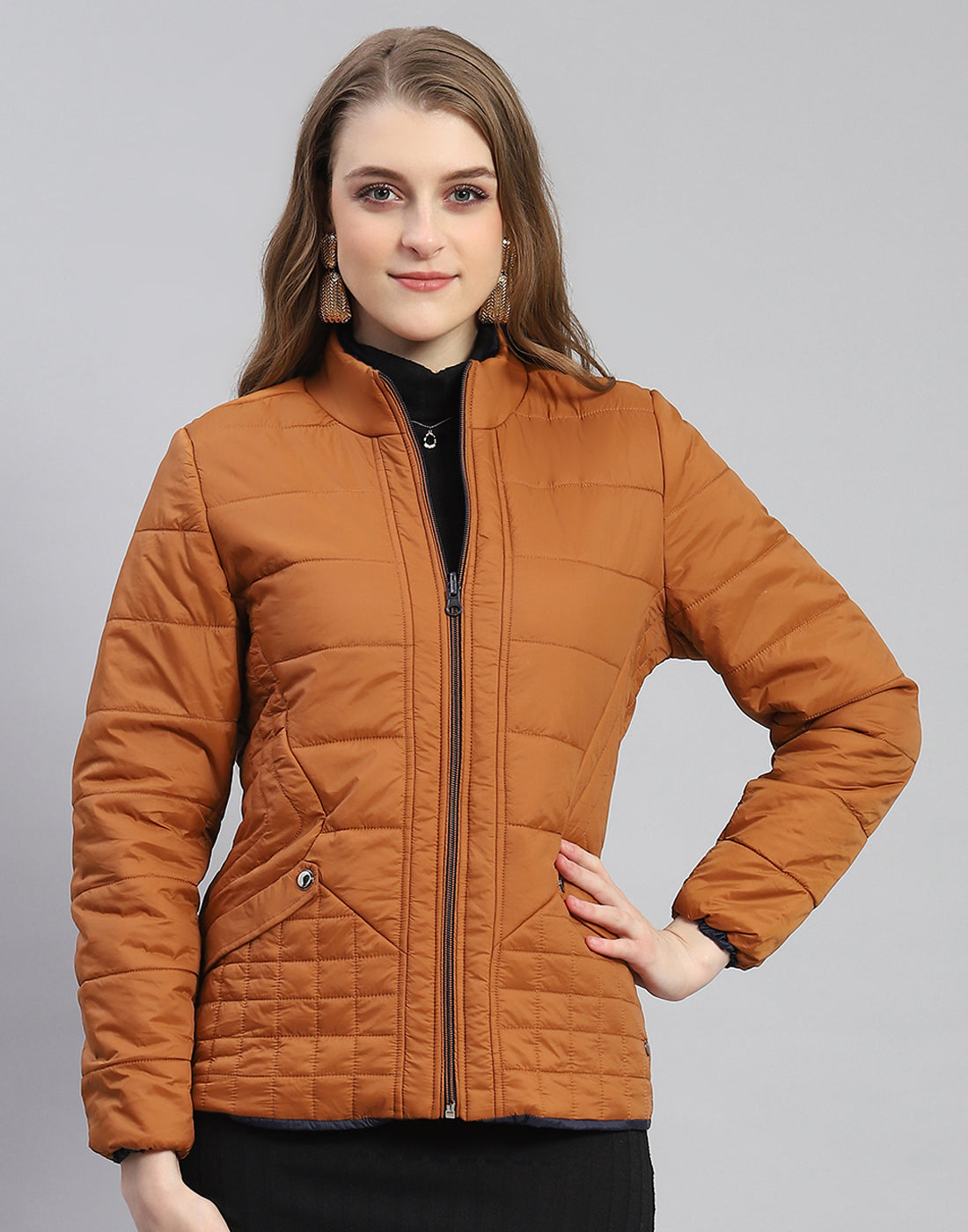 Women Rust Solid Stand Collar Full Sleeve Reversible Jacket