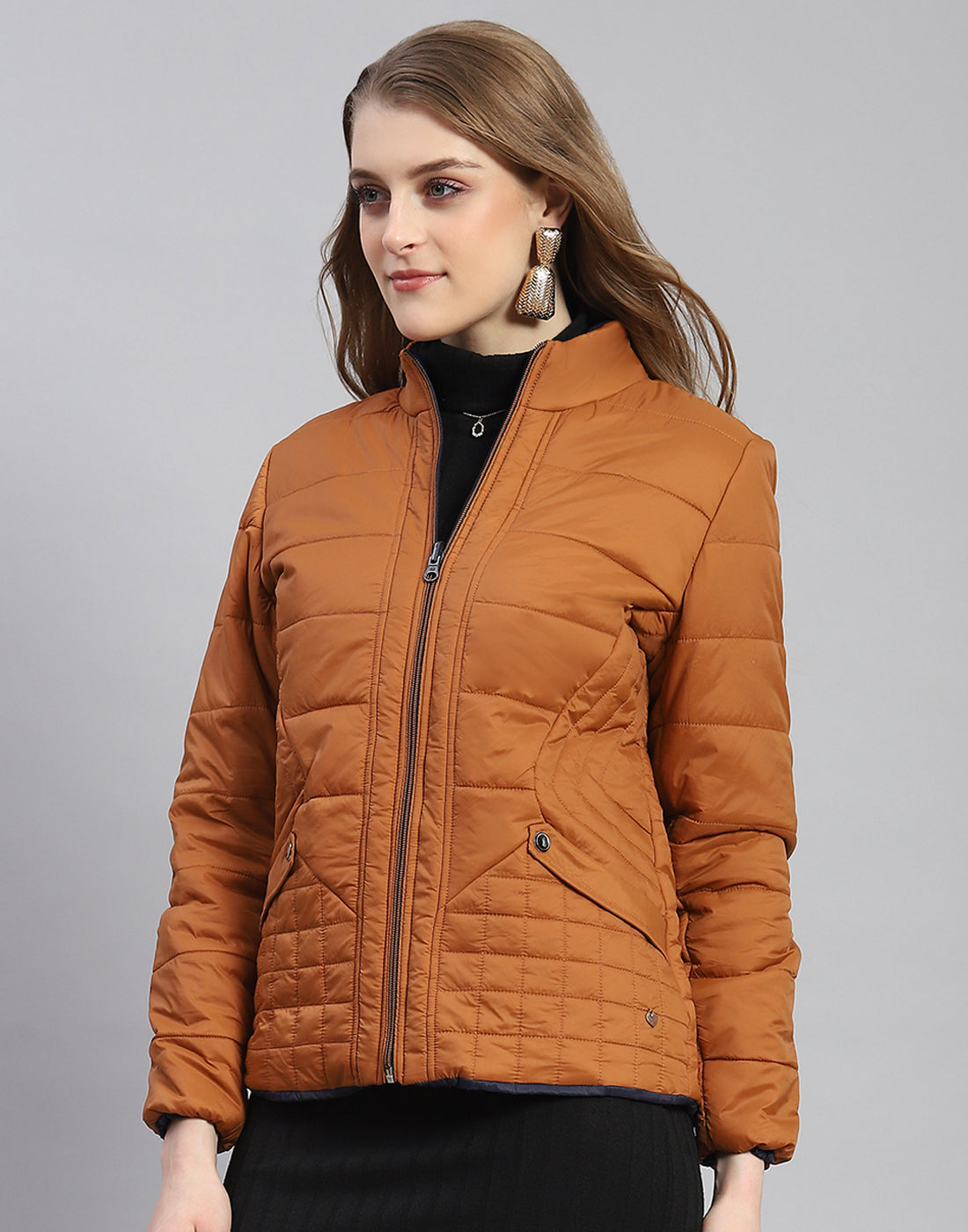 Women Rust Solid Stand Collar Full Sleeve Reversible Jacket