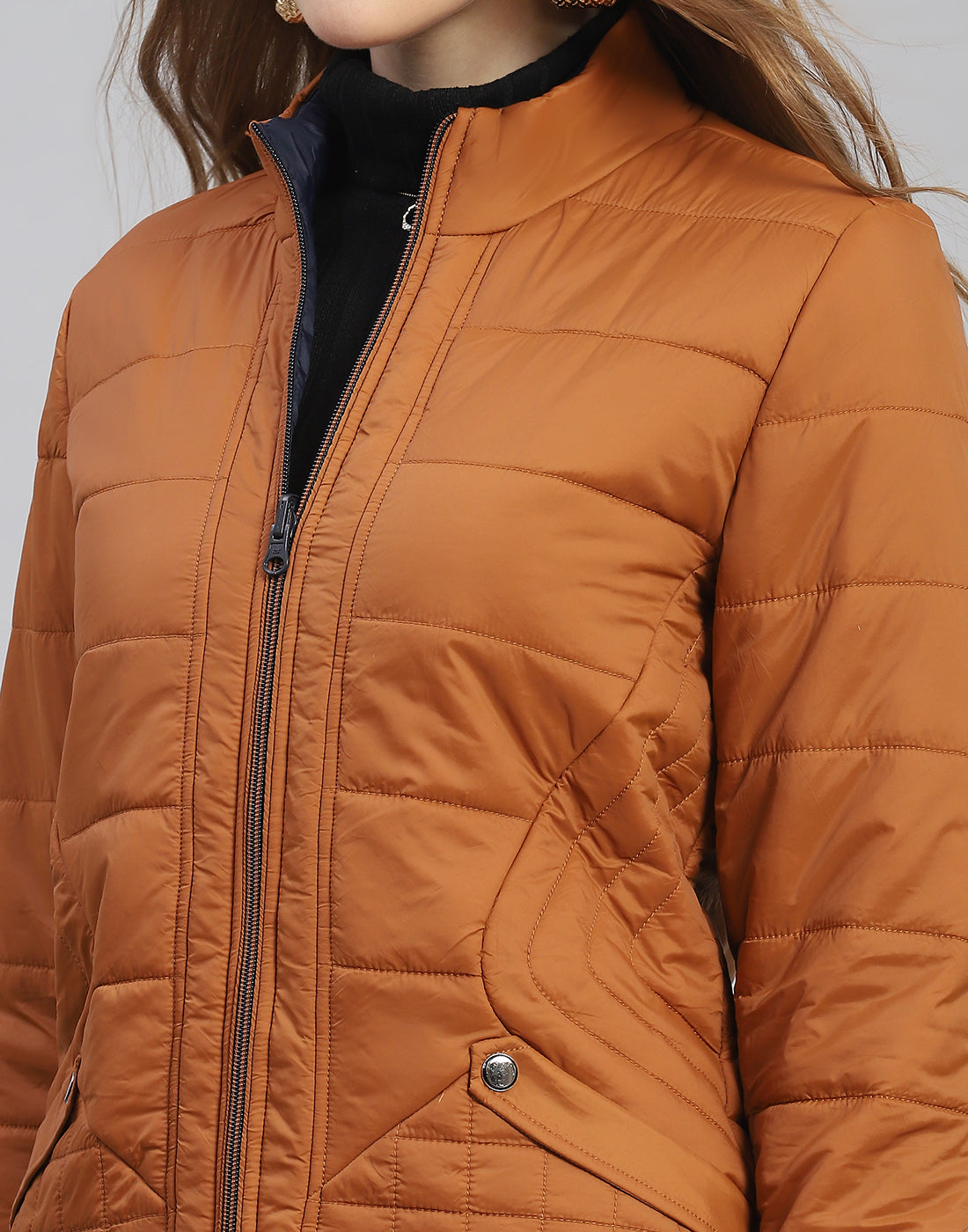 Women Rust Solid Stand Collar Full Sleeve Reversible Jacket