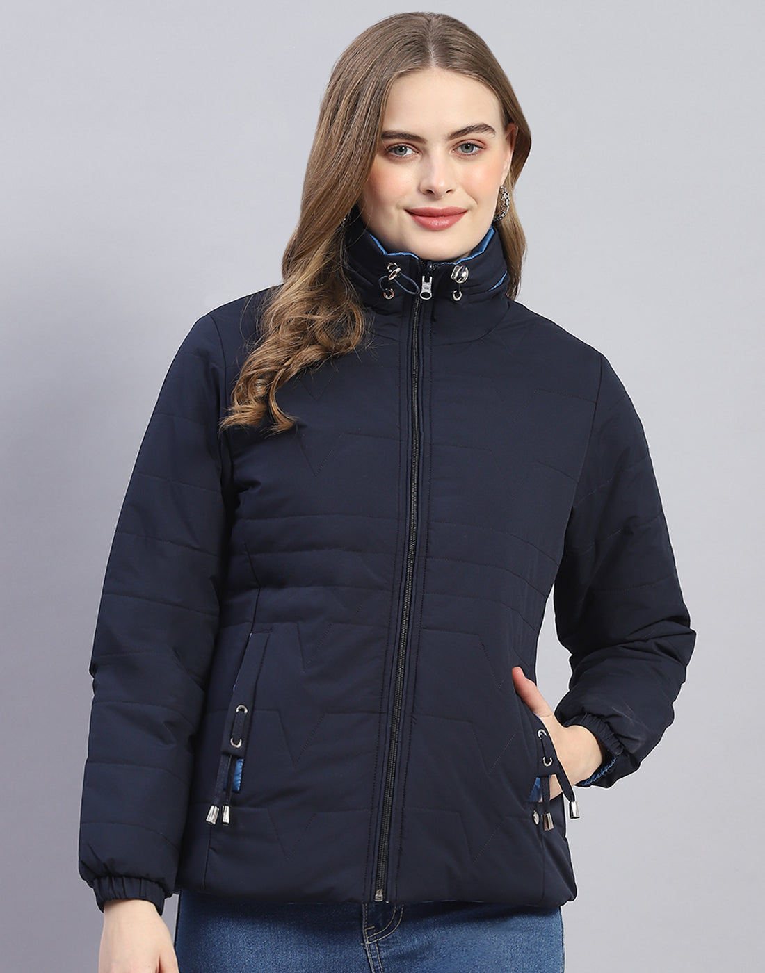 Women Navy Blue Solid Stand Collar Full Sleeve Jacket