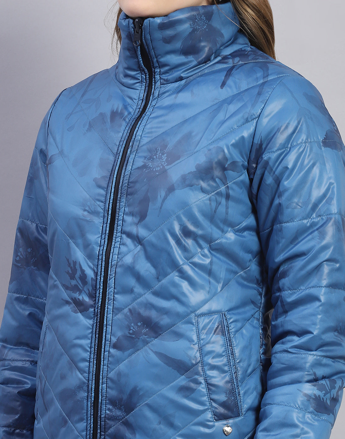 Women Navy Blue Solid Stand Collar Full Sleeve Jacket