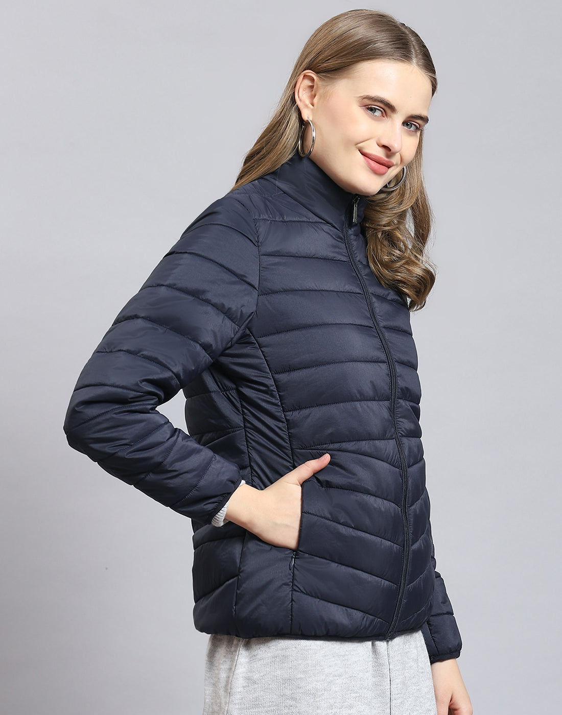 Women Navy Blue Solid Stand Collar Full Sleeve Jacket