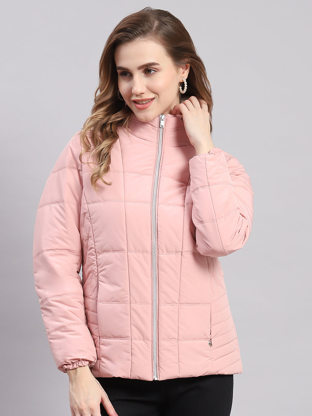 Women Peach Solid Stand Collar Full Sleeve Jackets