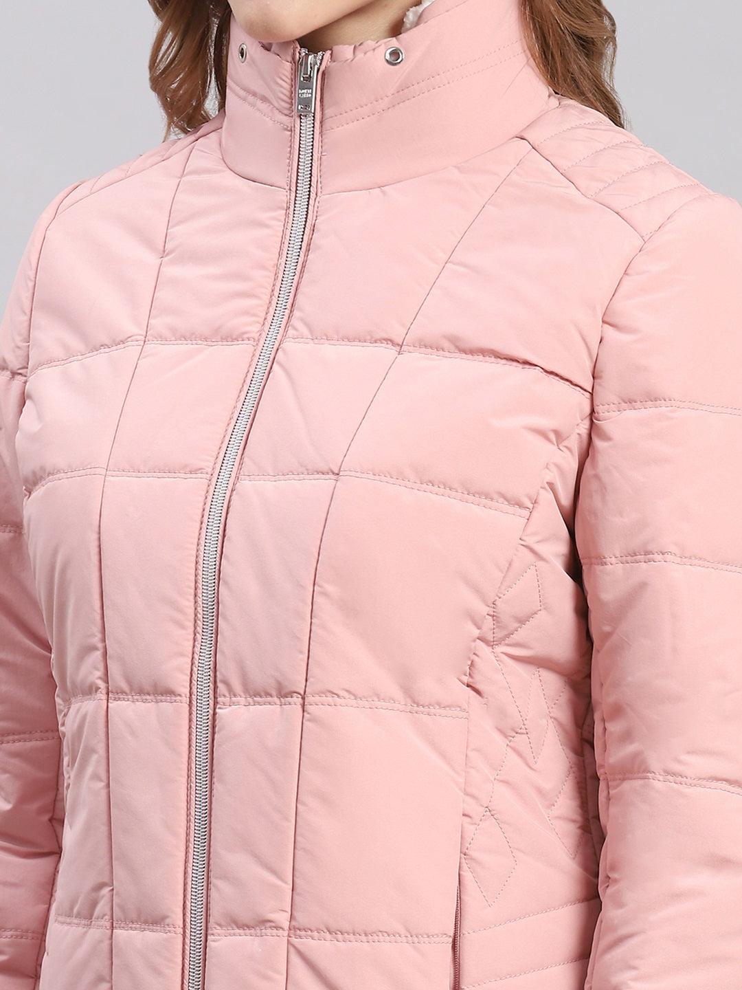 Women Peach Solid Stand Collar Full Sleeve Jackets