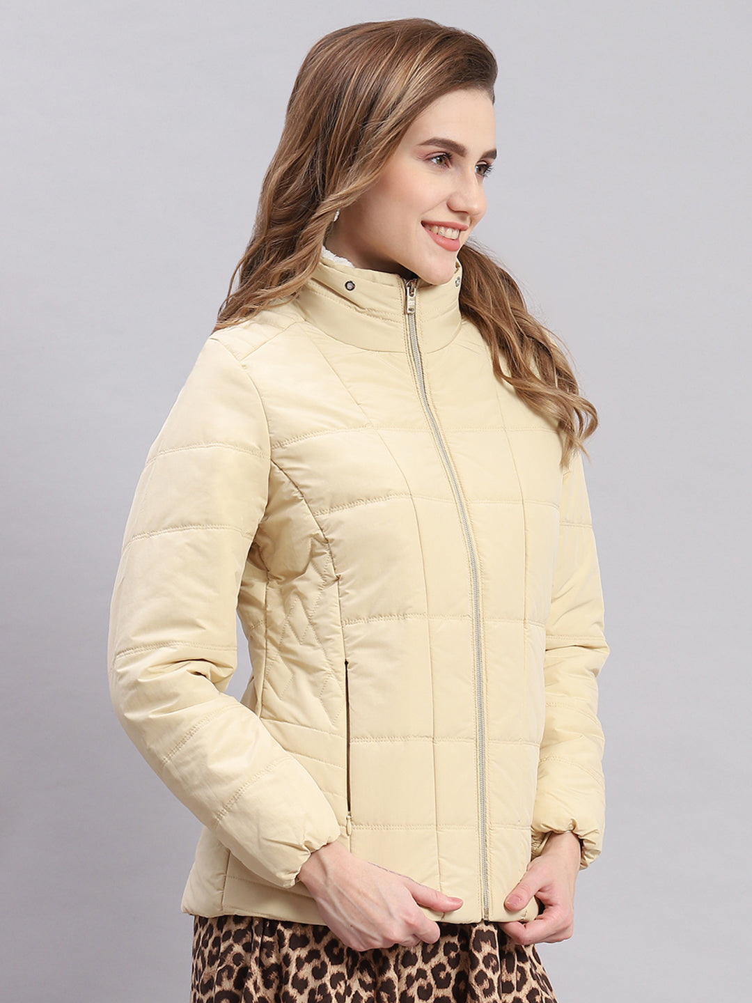 Women Beige Solid Stand Collar Full Sleeve Jackets