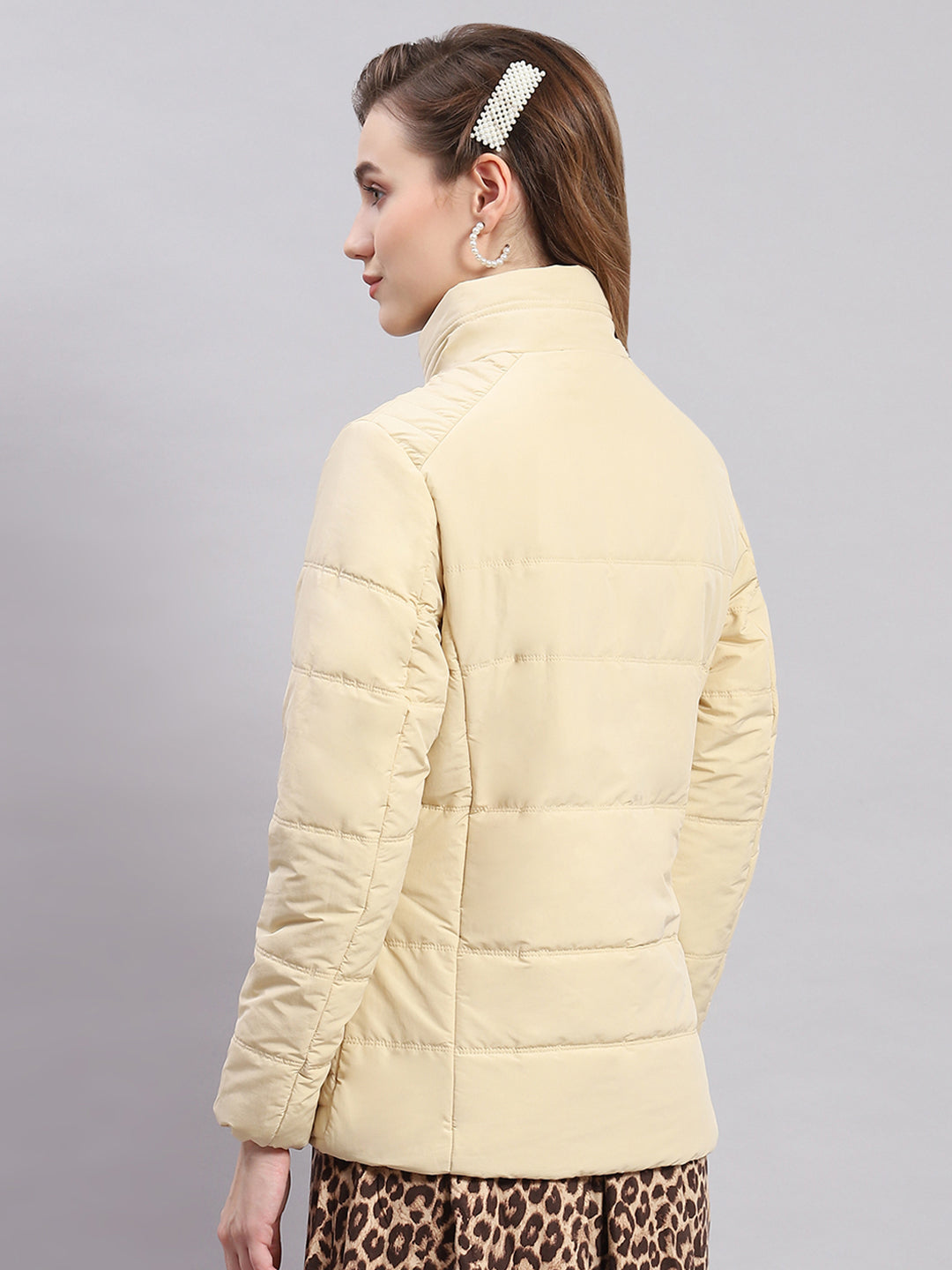 Women Beige Solid Stand Collar Full Sleeve Jackets