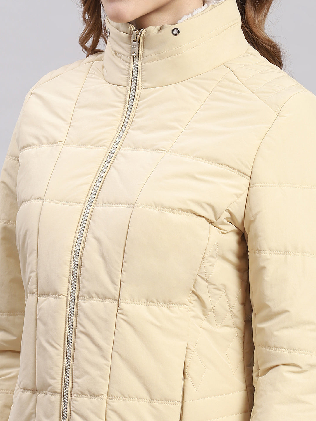 Women Beige Solid Stand Collar Full Sleeve Jackets