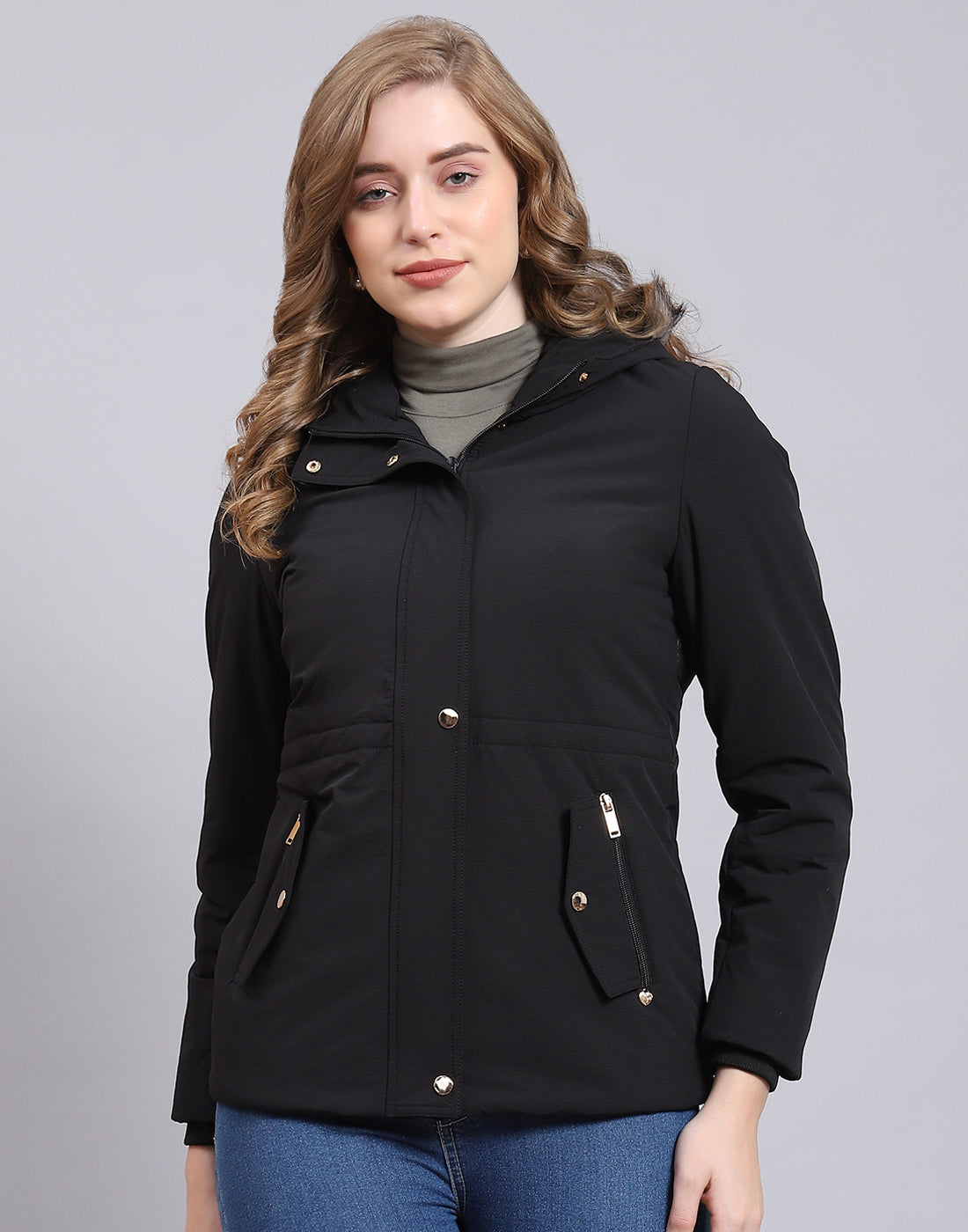 Women Black Hooded Jacket with Attached Inflatable Neck Pillow