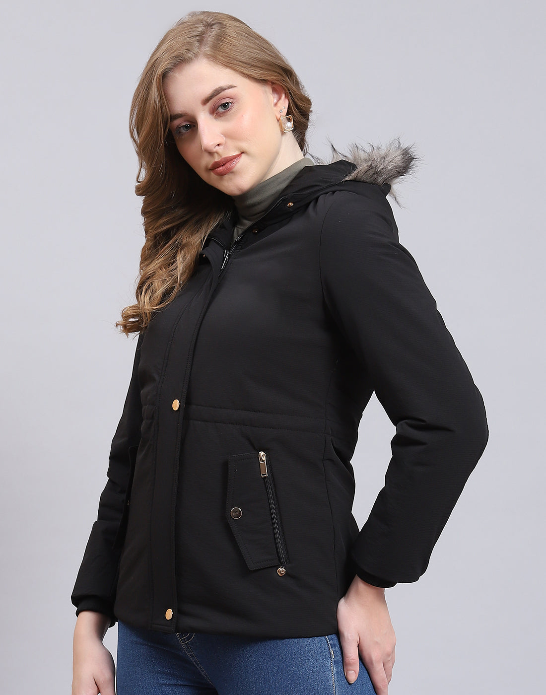 Women Black Hooded Jacket with Attached Inflatable Neck Pillow