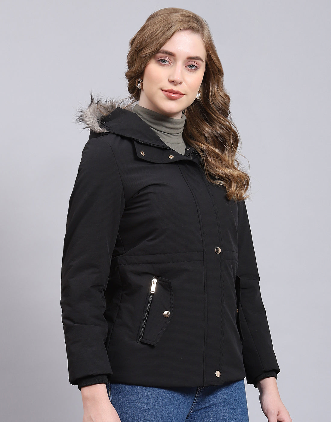 Women Black Hooded Jacket with Attached Inflatable Neck Pillow