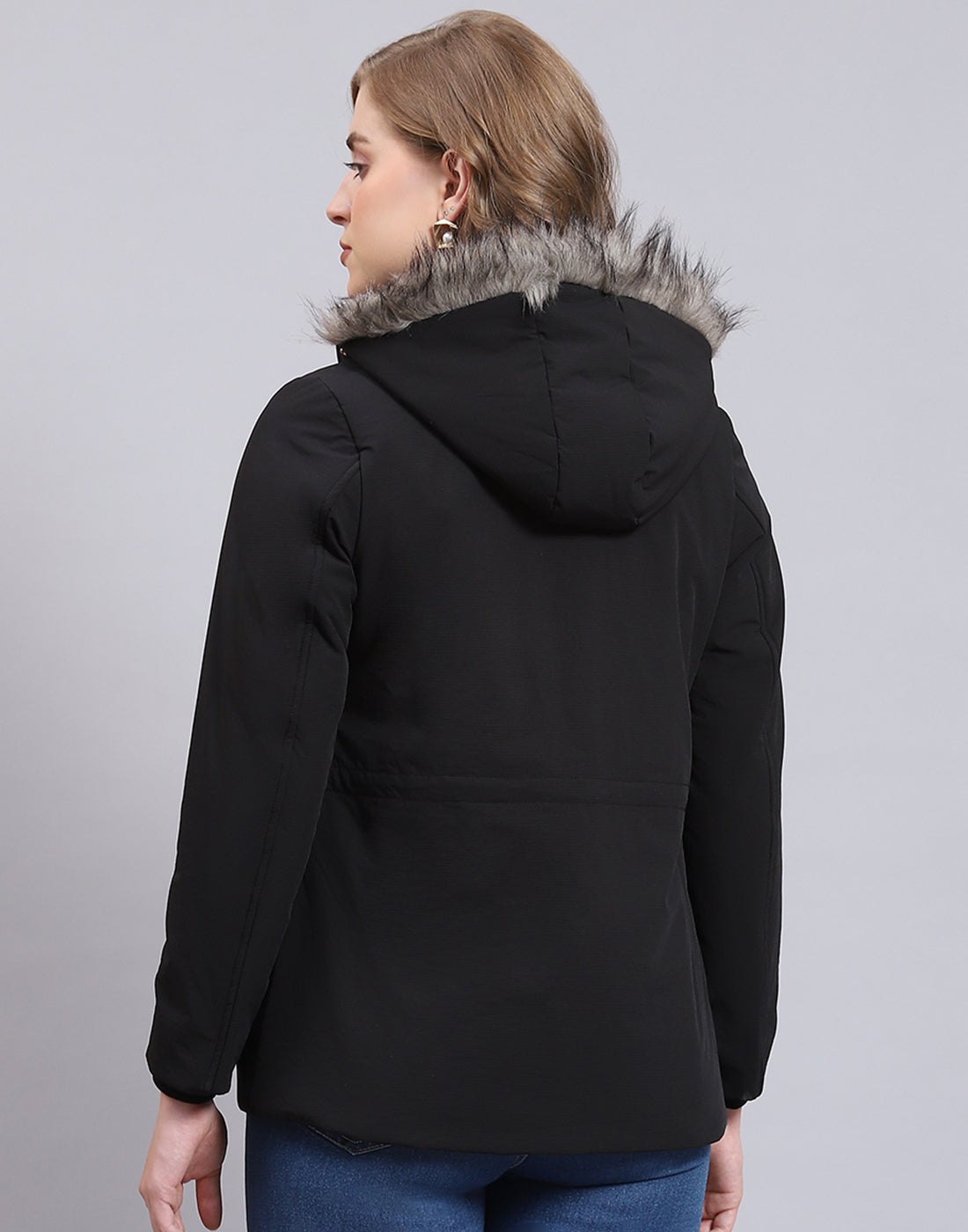 Women Black Hooded Jacket with Attached Inflatable Neck Pillow