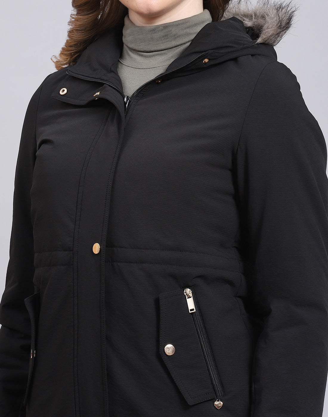 Women Black Hooded Jacket with Attached Inflatable Neck Pillow