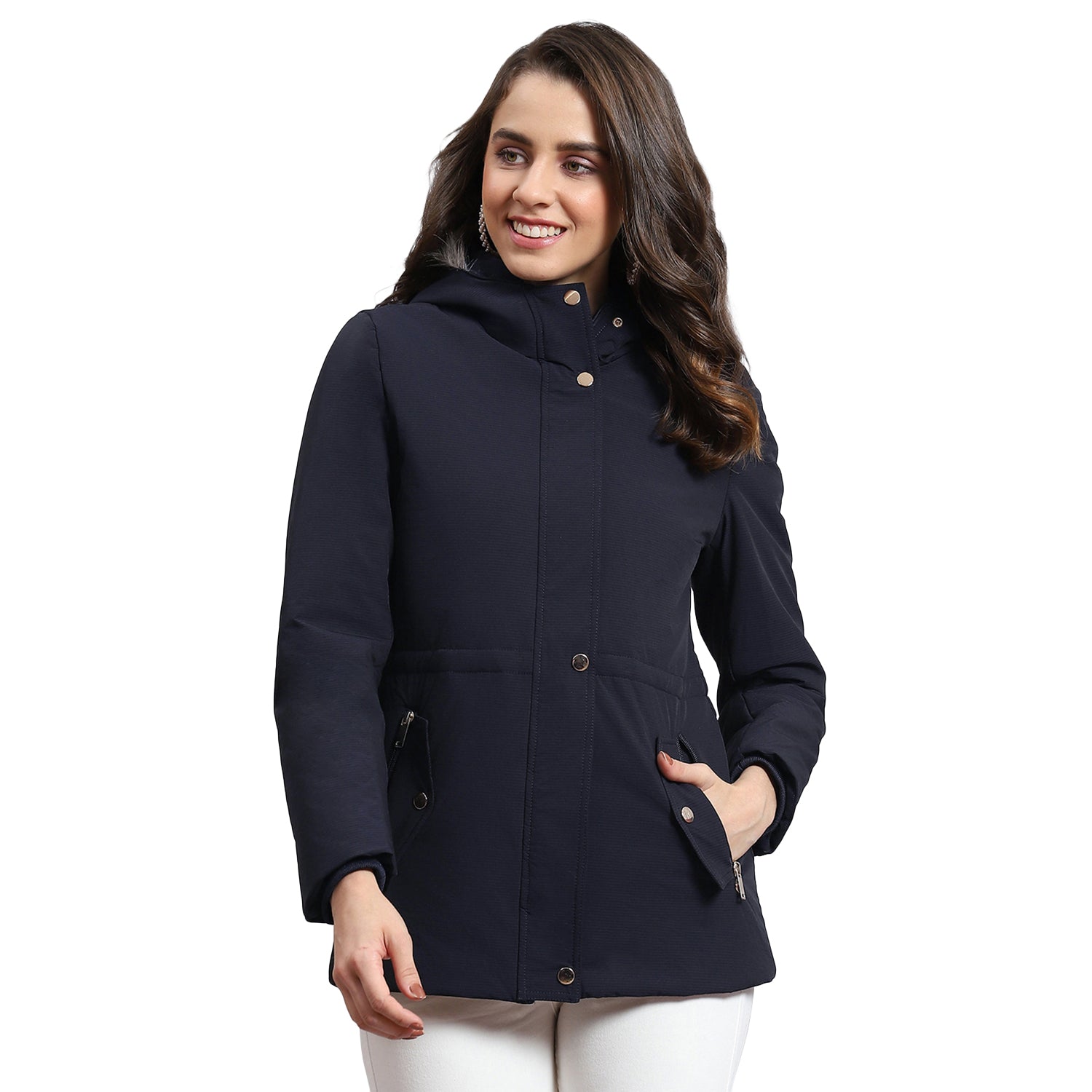 Women Navy Blue Hooded Jacket with Attached Inflatable Neck Pillow