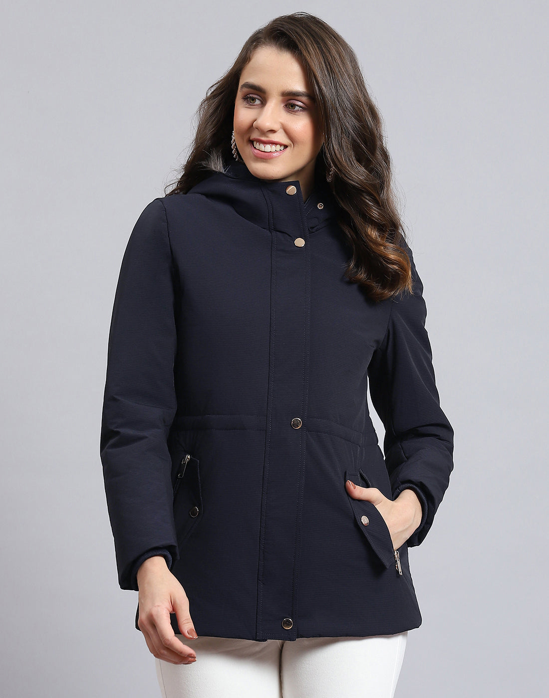 Women Navy Blue Hooded Jacket with Attached Inflatable Neck Pillow