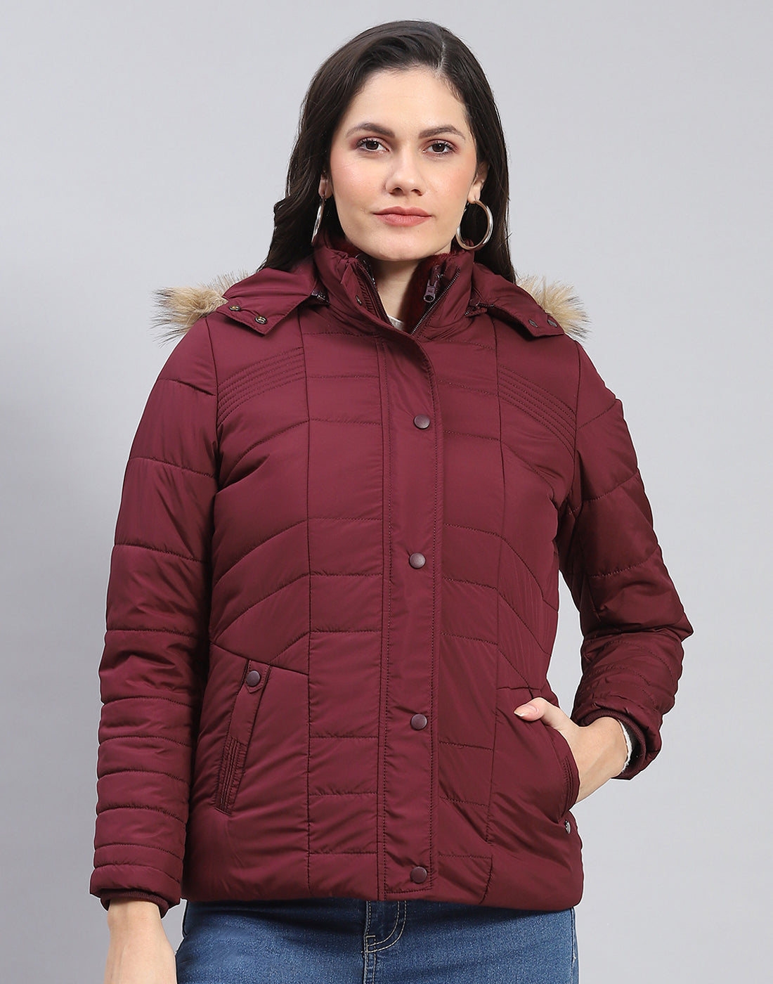 Women Maroon Solid Stand Collar Full Sleeve Jacket