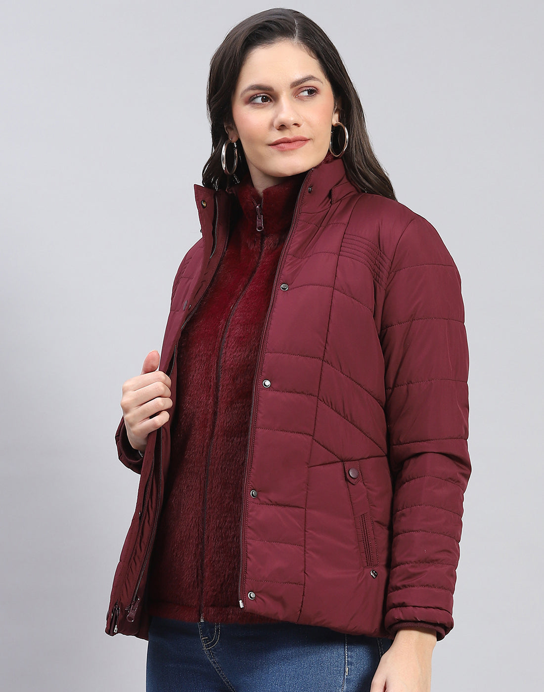 Women Maroon Solid Stand Collar Full Sleeve Jacket