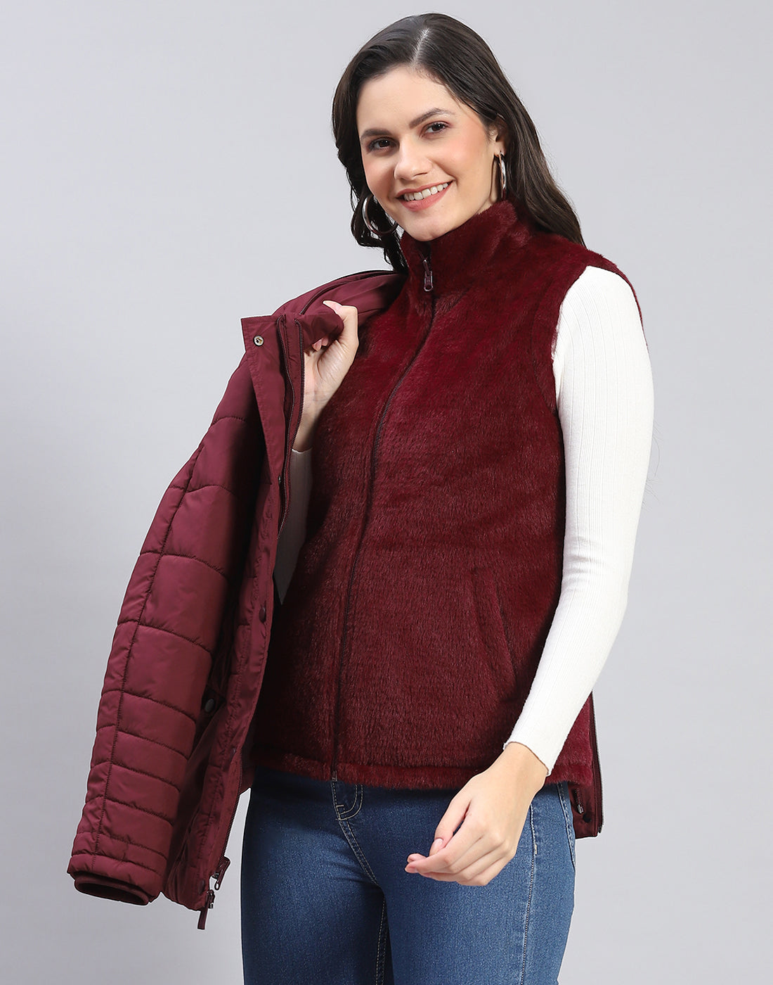 Women Maroon Solid Stand Collar Full Sleeve Jacket