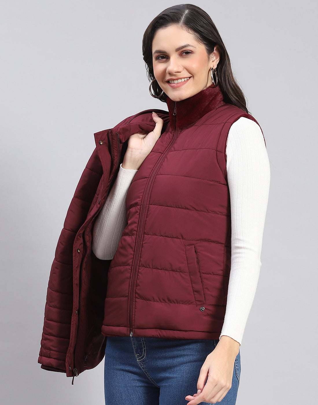 Women Maroon Solid Stand Collar Full Sleeve Jacket